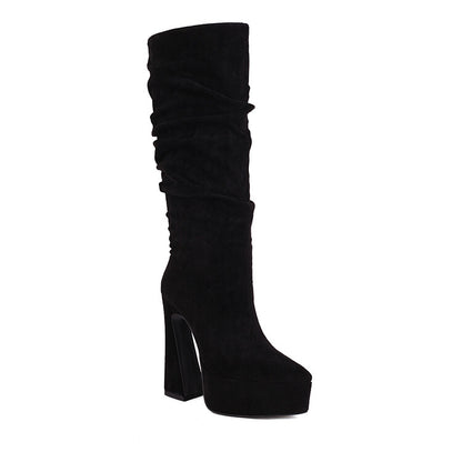 Women's Flock Pointed Toe Spool Heel Platform Knee High Boots