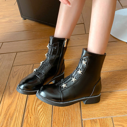 Women's Pu Leather Round Toe Stars Lace Up Stitch Side Zippers Short Boots