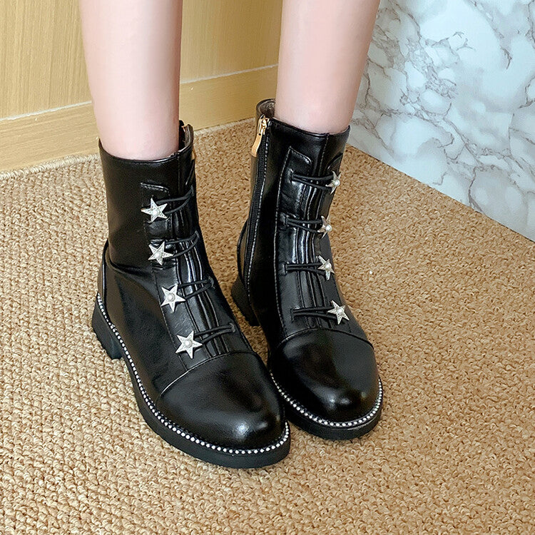 Women's Pu Leather Round Toe Stars Lace Up Stitch Side Zippers Short Boots