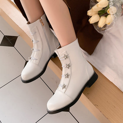 Women's Pu Leather Round Toe Stars Lace Up Stitch Side Zippers Short Boots