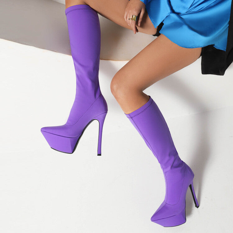 Women's Flock Pointed Toe Stiletto Heel Platform Knee High Boots