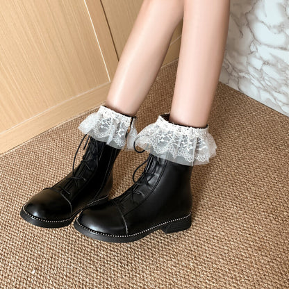 Women's Pu Leather Round Toe Lace Lace-up Stitch Side Zippers Short Boots