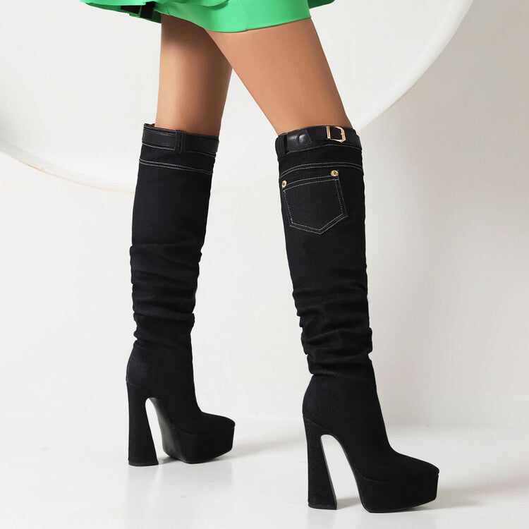 Women's Denim Pointed Toe Pocket Buckle Straps Spool Heel Platform Knee High Boots