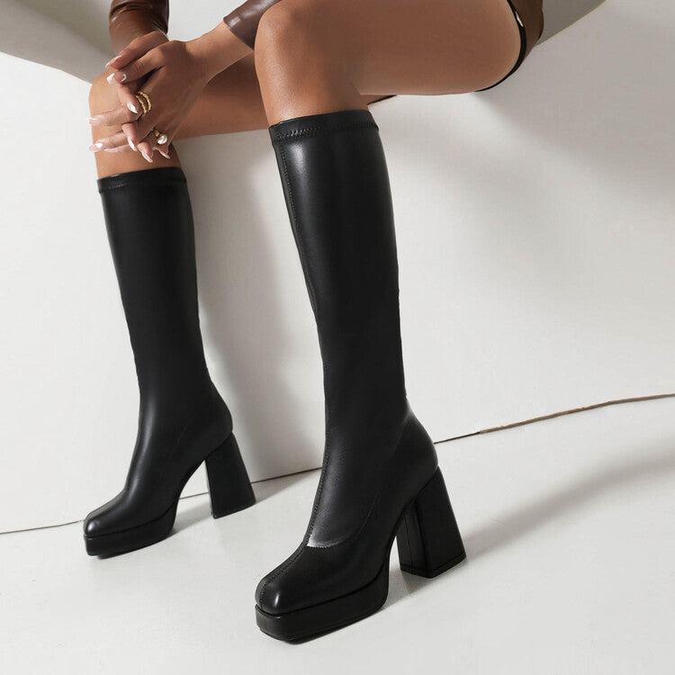 Women's Pu Leather Square Toe Block Chunky Heel Platform Knee High Boots