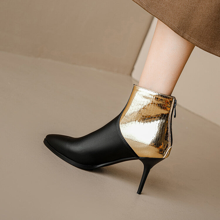 Women's Pu Leather Patent Patchwork Pointed Toe Stiletto Heel Ankle Boots
