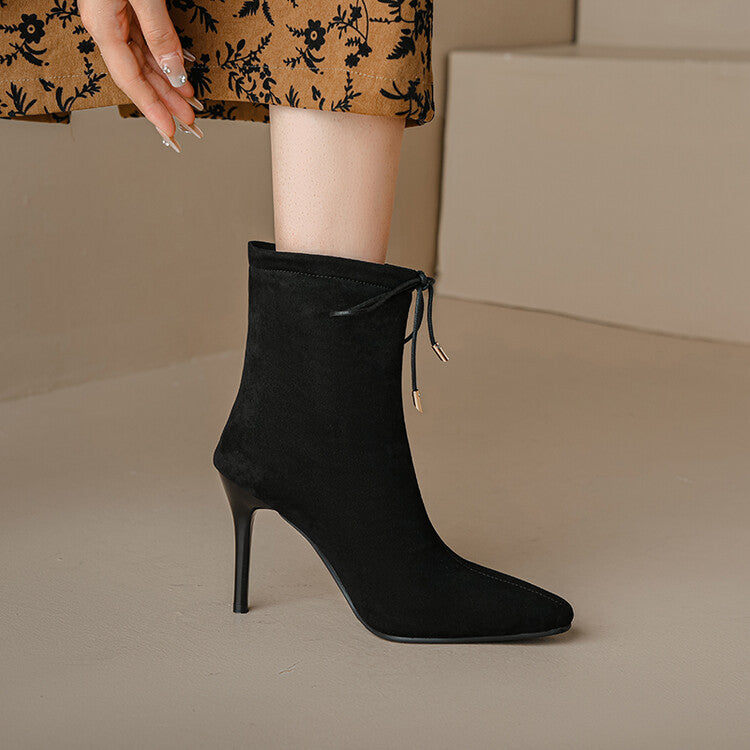 Women's Flock Pointed Toe Stiletto Heel Tied Straps Ankle Boots