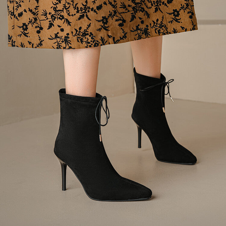Women's Flock Pointed Toe Stiletto Heel Tied Straps Ankle Boots