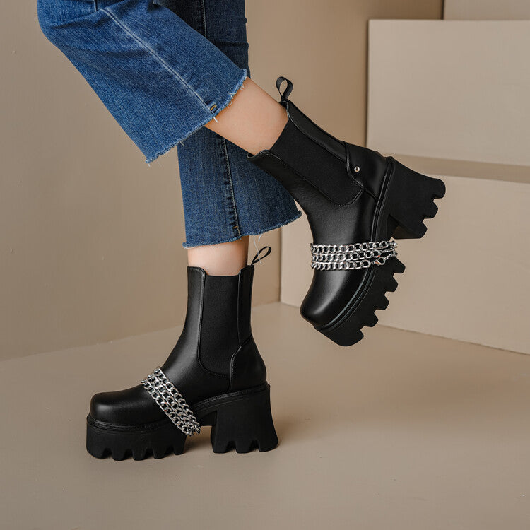 Women's Pu Leather Round Toe Metal Chains Block Chunky Heel Platform Ankle Boots