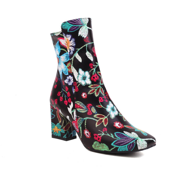 Women's Printed Pu Leather Side Zippers Block Chunky Heel Ankle Boots