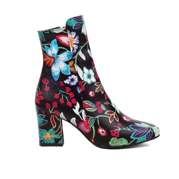 Women's Printed Pu Leather Side Zippers Block Chunky Heel Ankle Boots