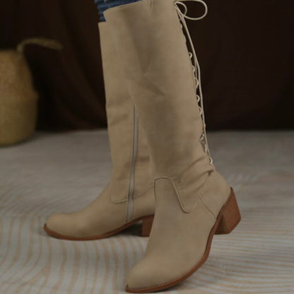 Women's Back Tied Straps Side Zippers Block Heel Tall Boots