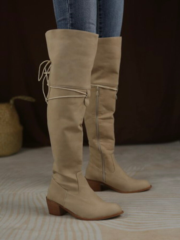 Women's Side Zippers Entangled Tied Straps Block Heel Tall Boots