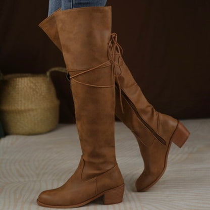 Women's Side Zippers Entangled Tied Straps Block Heel Tall Boots