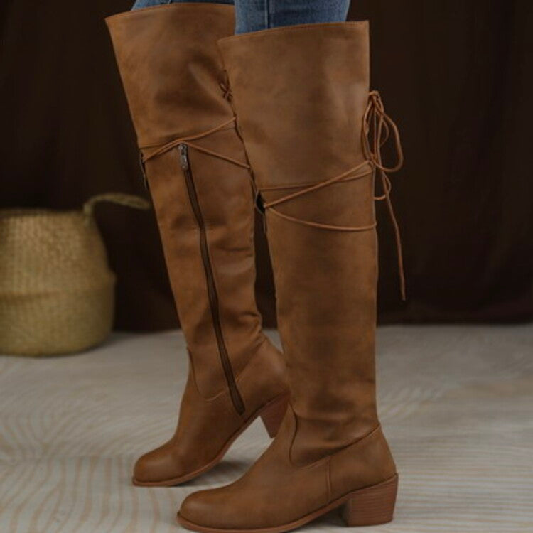 Women's Side Zippers Entangled Tied Straps Block Heel Tall Boots