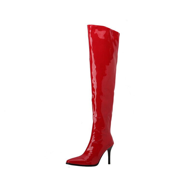Women's Glossy Pointed Toe Stiletto Heel Over-the-Knee Boots