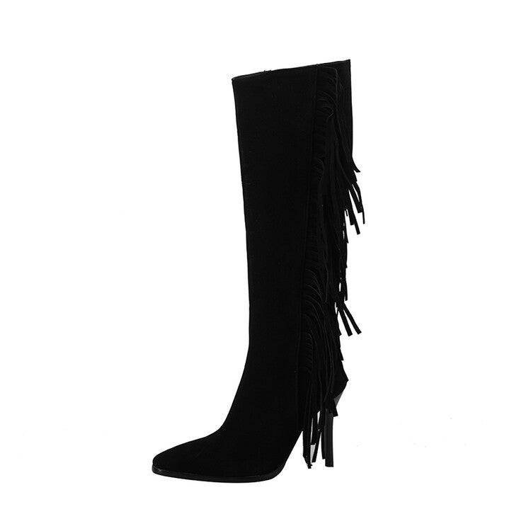 Women's Flock Pointed Toe Tassel Stiletto Heel Knee-High Boots