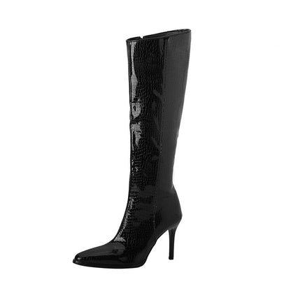 Women's Pu Leather Pointed Toe Side Zippers Stiletto Heel Knee-High Boots