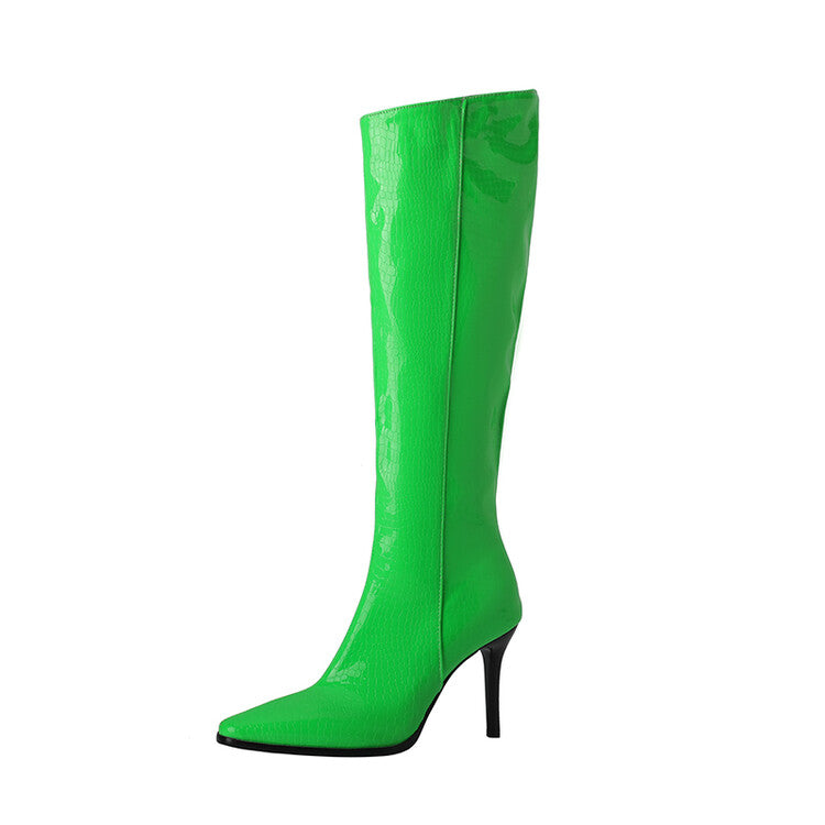 Women's Pu Leather Pointed Toe Side Zippers Stiletto Heel Knee-High Boots