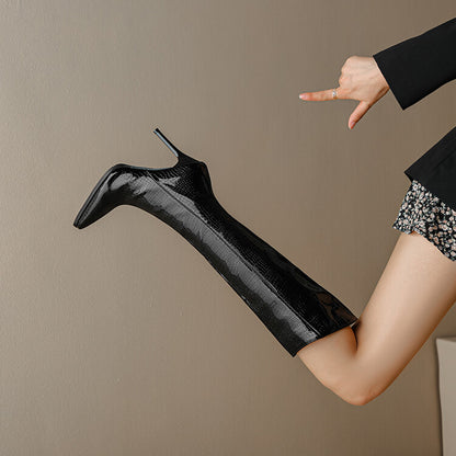 Women's Pu Leather Pointed Toe Side Zippers Stiletto Heel Knee-High Boots