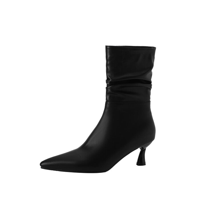 Women's Matte Pu Leather Pointed Toe Spool Heel Heel Ankle Boots