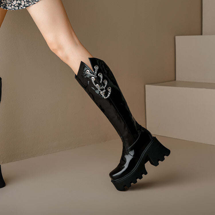 Women's Round Toe Metal Chains Block Heel Platform Knee-High Boots