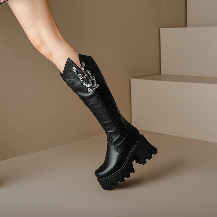 Women's Round Toe Metal Chains Block Heel Platform Knee-High Boots