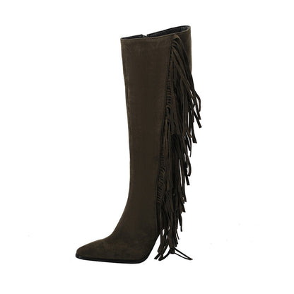 Women's Flock Pointed Toe Tassel Stiletto Heel Knee-High Boots