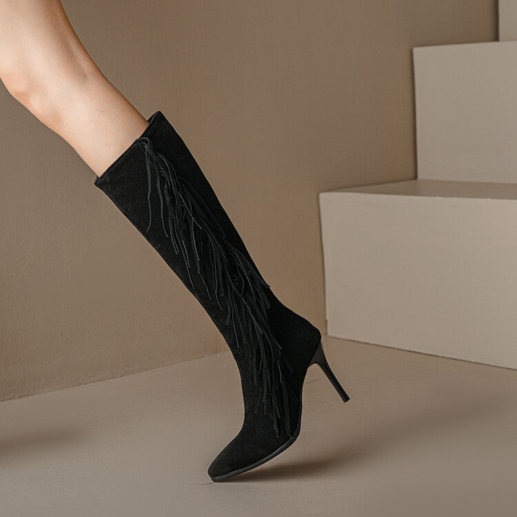 Women's Flock Pointed Toe Tassel Stiletto Heel Knee-High Boots