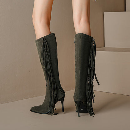 Women's Flock Pointed Toe Tassel Stiletto Heel Knee-High Boots