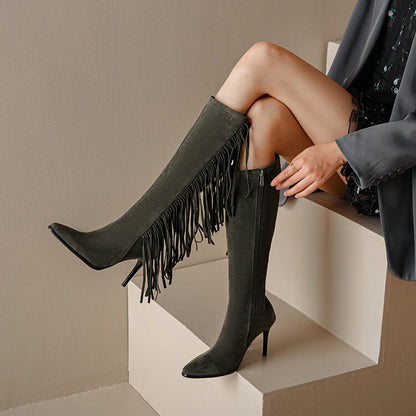 Women's Flock Pointed Toe Tassel Stiletto Heel Knee-High Boots