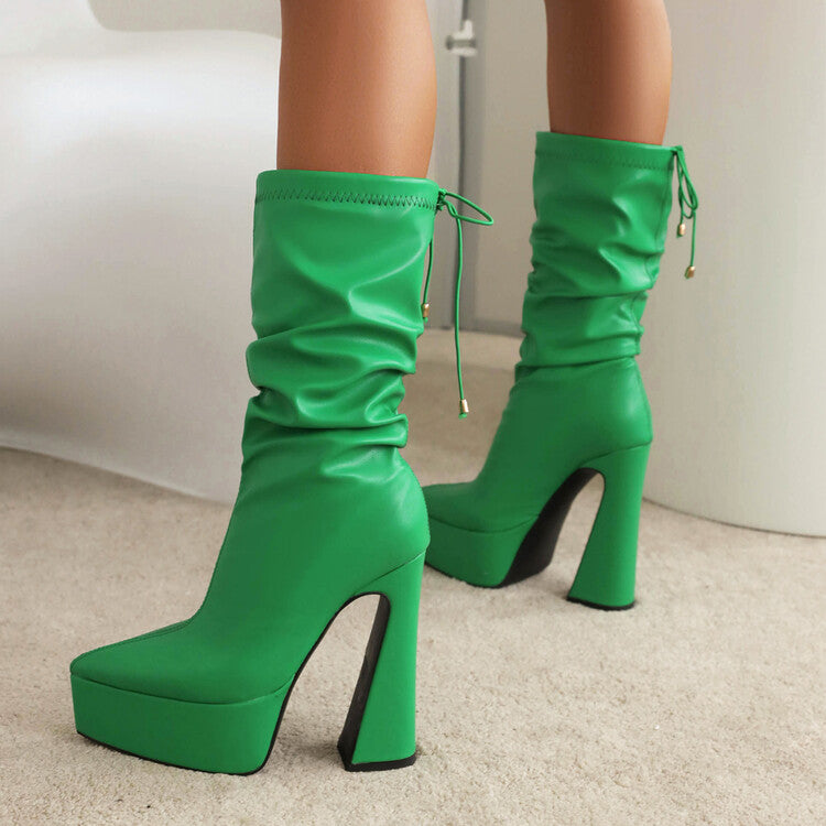 Women's Pu Leather Pointed Toe Back Tied Straps Spool Heel Platform Mid-calf Boots