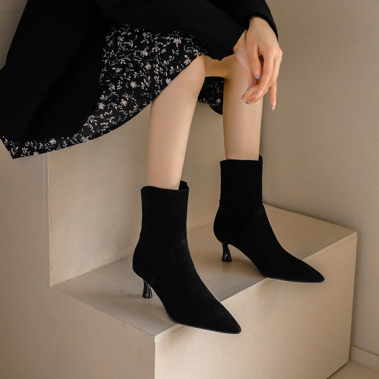 Women's Flock Pointed Toe Stitch Spool Heel Ankle Boots
