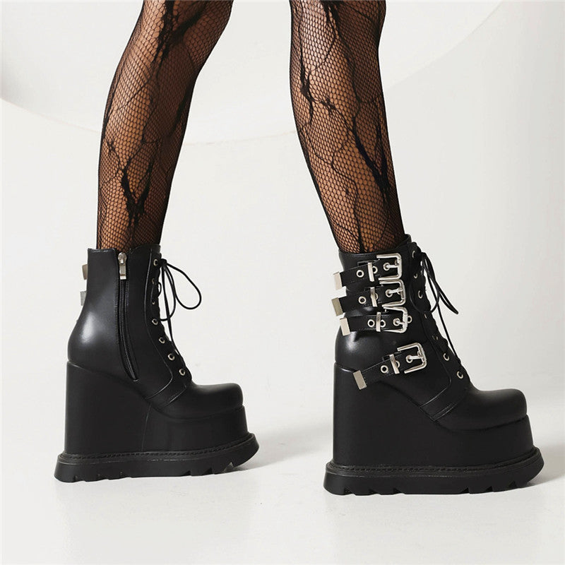 Women's Pu Leather Round Toe Lace Up Metal Buckle Straps Wedge Heel Platform Short Boots