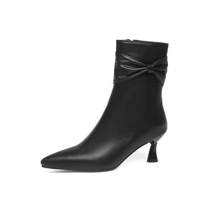 Women's Pu Leather Pointed Toe Side Bow Tie Spool Heel Ankle Boots