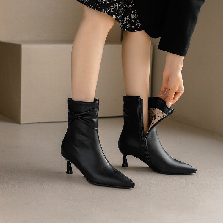 Women's Pu Leather Pointed Toe Side Bow Tie Spool Heel Ankle Boots