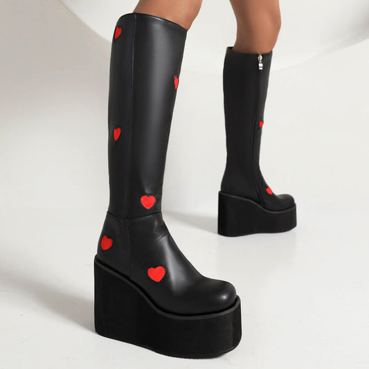Women's Bicolor Pu Leather Square Toe Love Hearts Side Zippers Wedge Heel Platform Knee High Boots