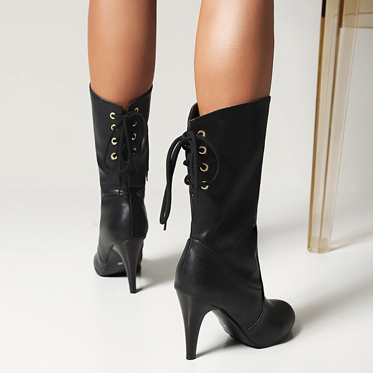 Women's Pu Leather Round Toe Back Lace Up Cone Heel Mid-Calf Boots