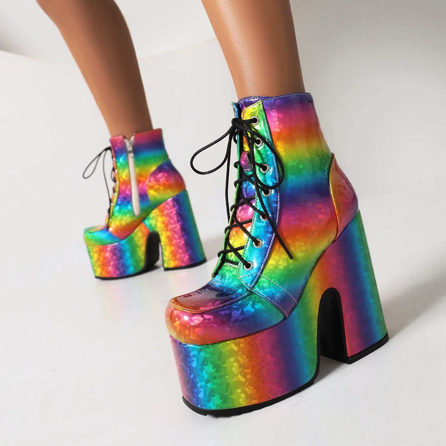 Women's Colorful Lace Up Square Toe Side Zippers Block Chunky Heel Platform Short Boots