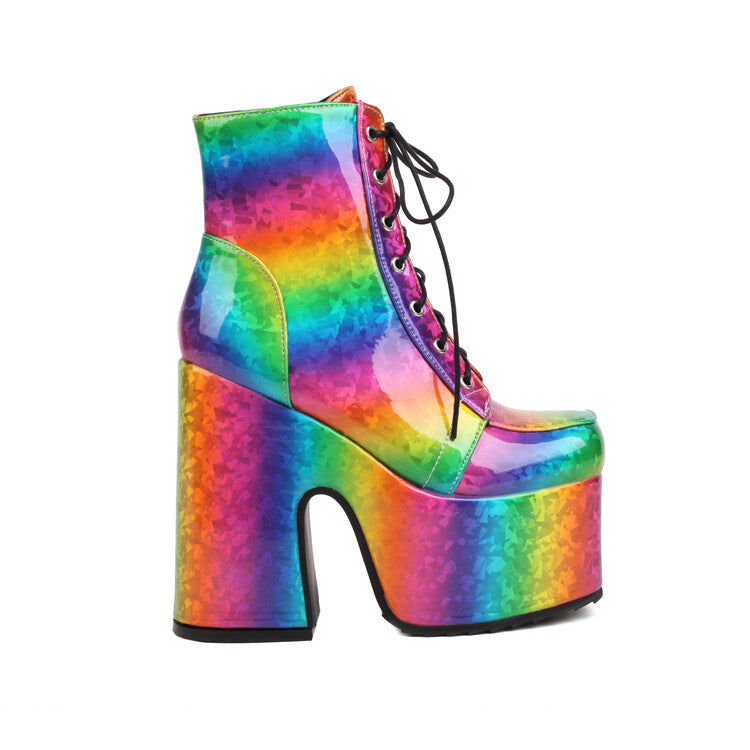 Women's Colorful Lace Up Square Toe Side Zippers Block Chunky Heel Platform Short Boots