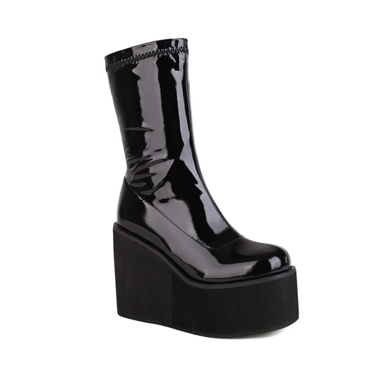 Women's Glossy Round Toe Side Zippers Lace Up Wedge Heel Platform Mid-Calf Boots