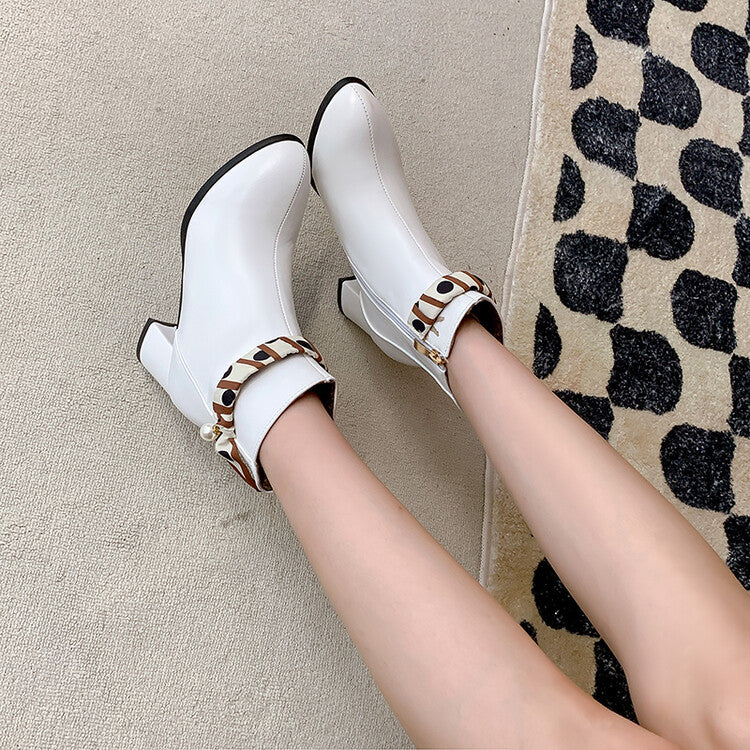 Women's Pu Leather Pointed Toe Pearls Side Zippers Block Chunky Heel Short Boots