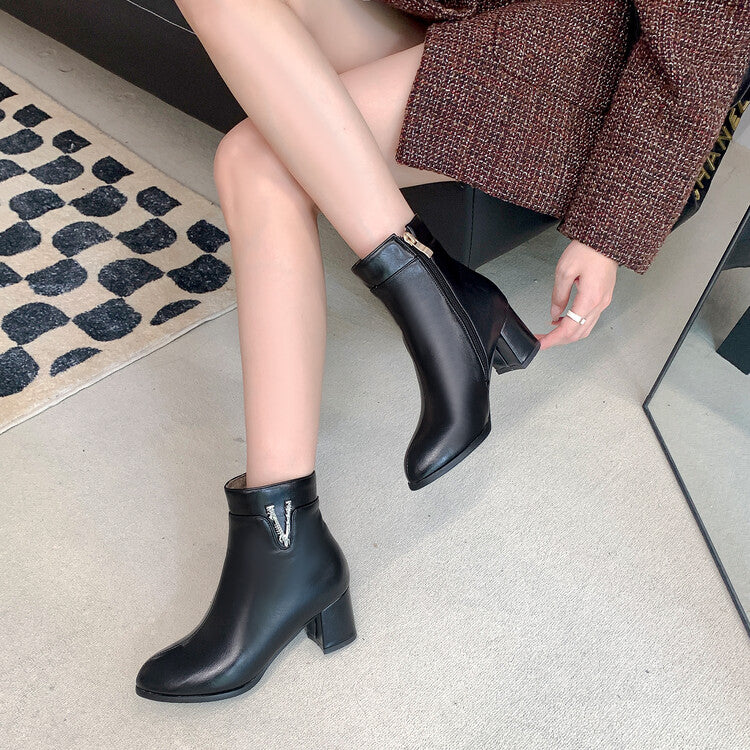 Women's Pu Leather Rhinestone Side Zippers Block Heel Short Boots