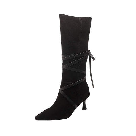 Women's Flock Pointed Toe Entangled Straps Spool Heel Mid-Calf Boots