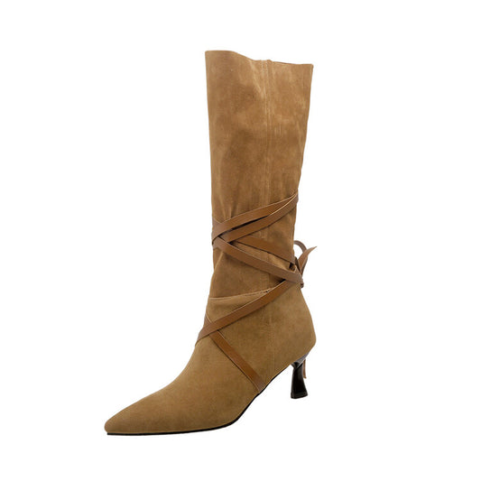 Women's Flock Pointed Toe Entangled Straps Spool Heel Mid-Calf Boots