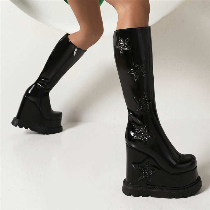 Women's Glossy Sequins Stars Side Zippers Round Toe Wedge Heel Platform Knee High Boots