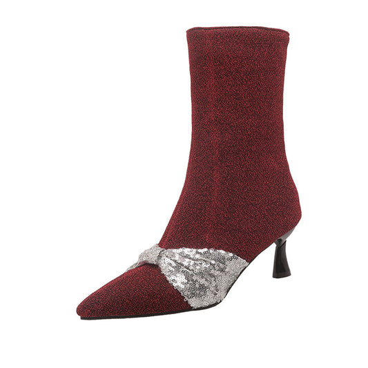 Women's Sparkling Sequins Pointed Toe Spool Heel Ankle Boots