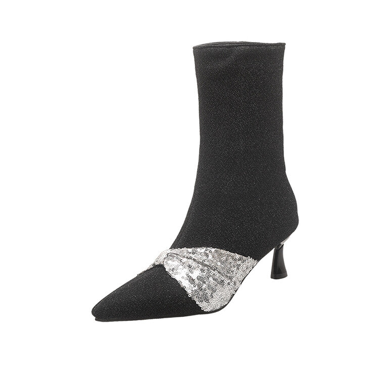 Women's Sparkling Sequins Pointed Toe Spool Heel Ankle Boots