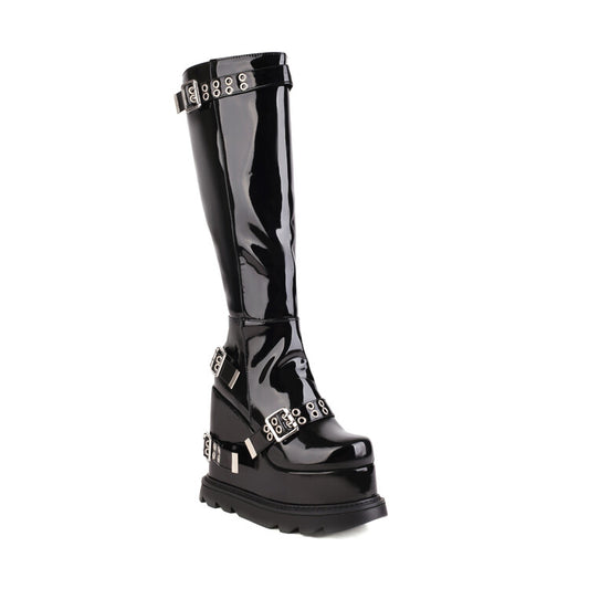 Women's Glossy Round Toe Side Zippers Metal Buckle Straps Wedge Heel Platform Knee High Boots
