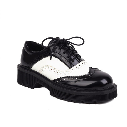 Women's Bicolor Round Toe Lace-Up Flat Oxford Shoes