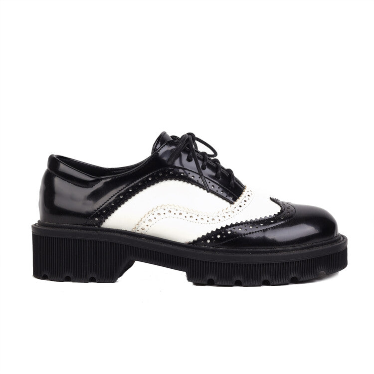 Women's Bicolor Round Toe Lace-Up Flat Oxford Shoes